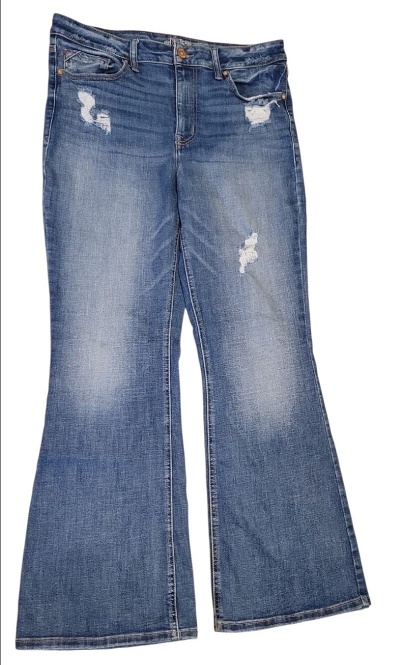 Maurices Edgely High Rise Flare Jeans 16 Reg Distressed Stretch Repreve Denim